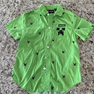 Jinx Kid's Minecraft Green Creeper Button‎ Down Shirt Youth, Medium. 4761